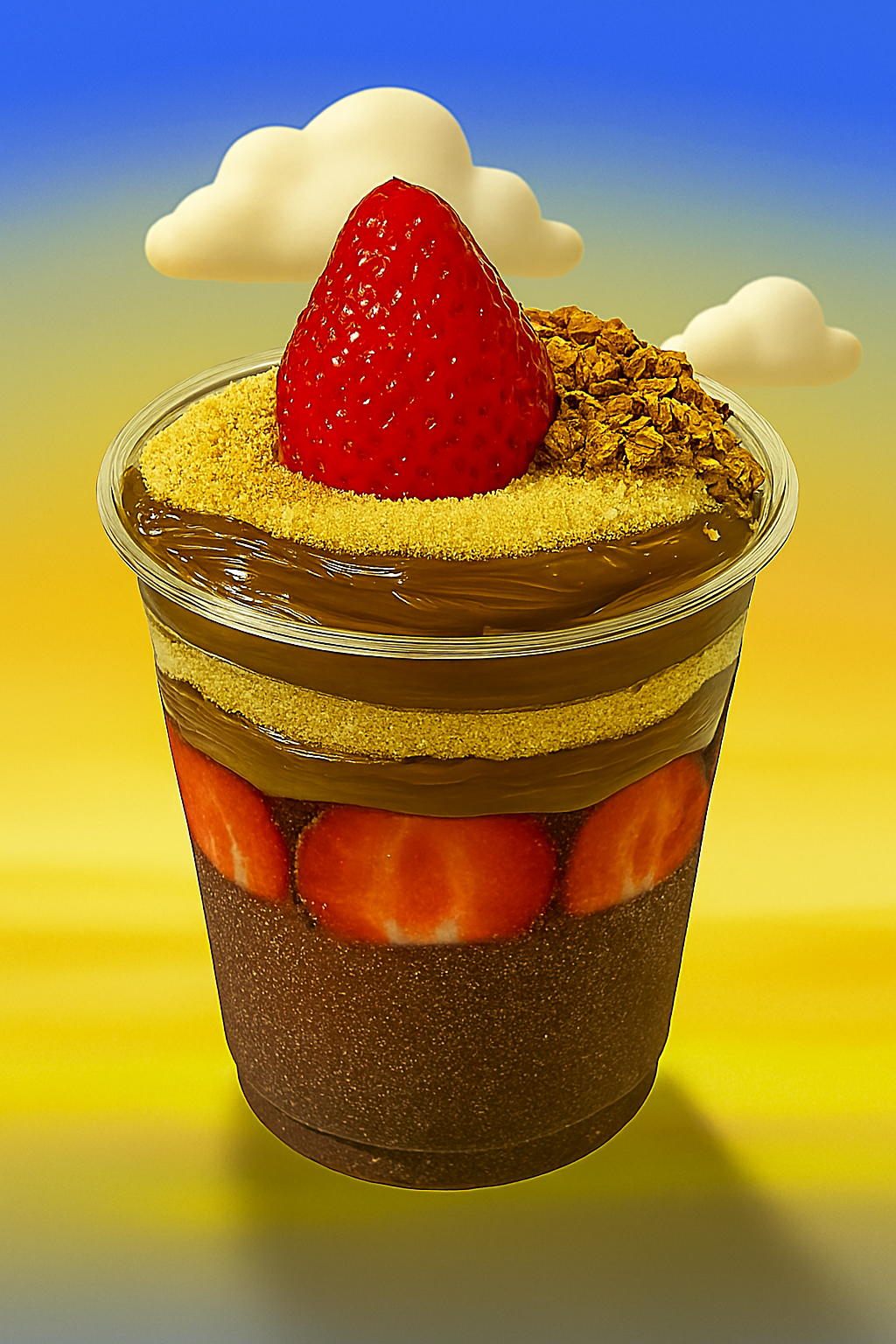 Açaí com Morango, Nutella, Leite, Ninho, Paçoca e Granola.