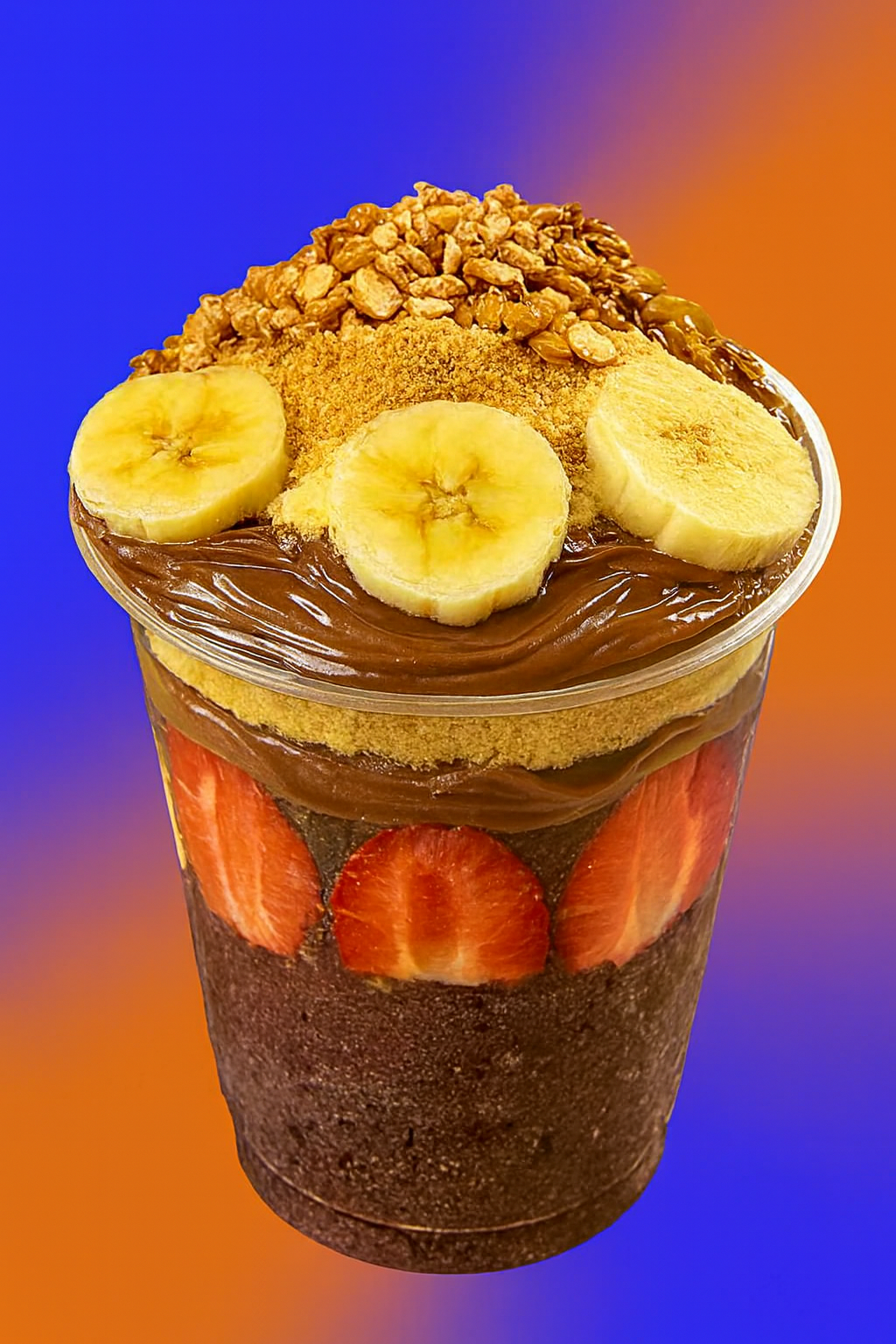 Açaí com duas Frutas, Nutella,Leite Ninho, Paçoca e Granola.